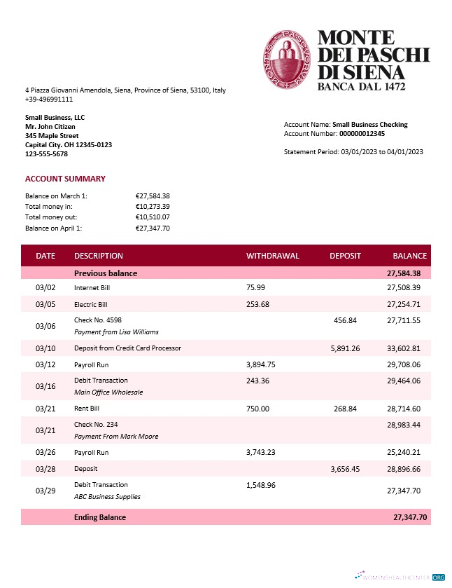Download Monte dei Paschi di Siena firm account statement Word and PDF template Photoshop template